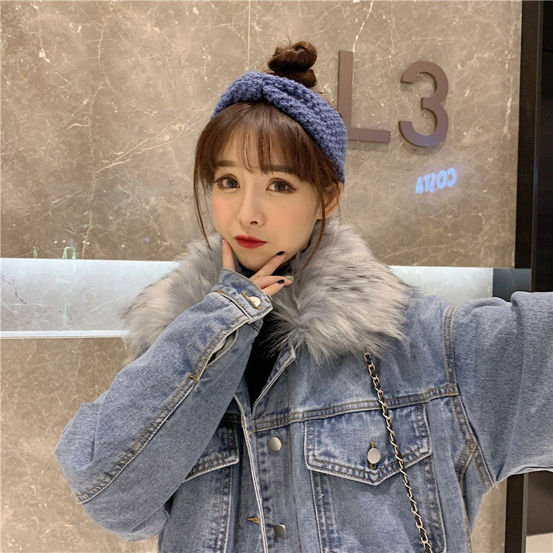 Cross-Border2022Winter New Korean Style Loose Thickened Fleece Rabbit Fur Inner Large Fur Collar Denim Jacket Women's Cotton Coat