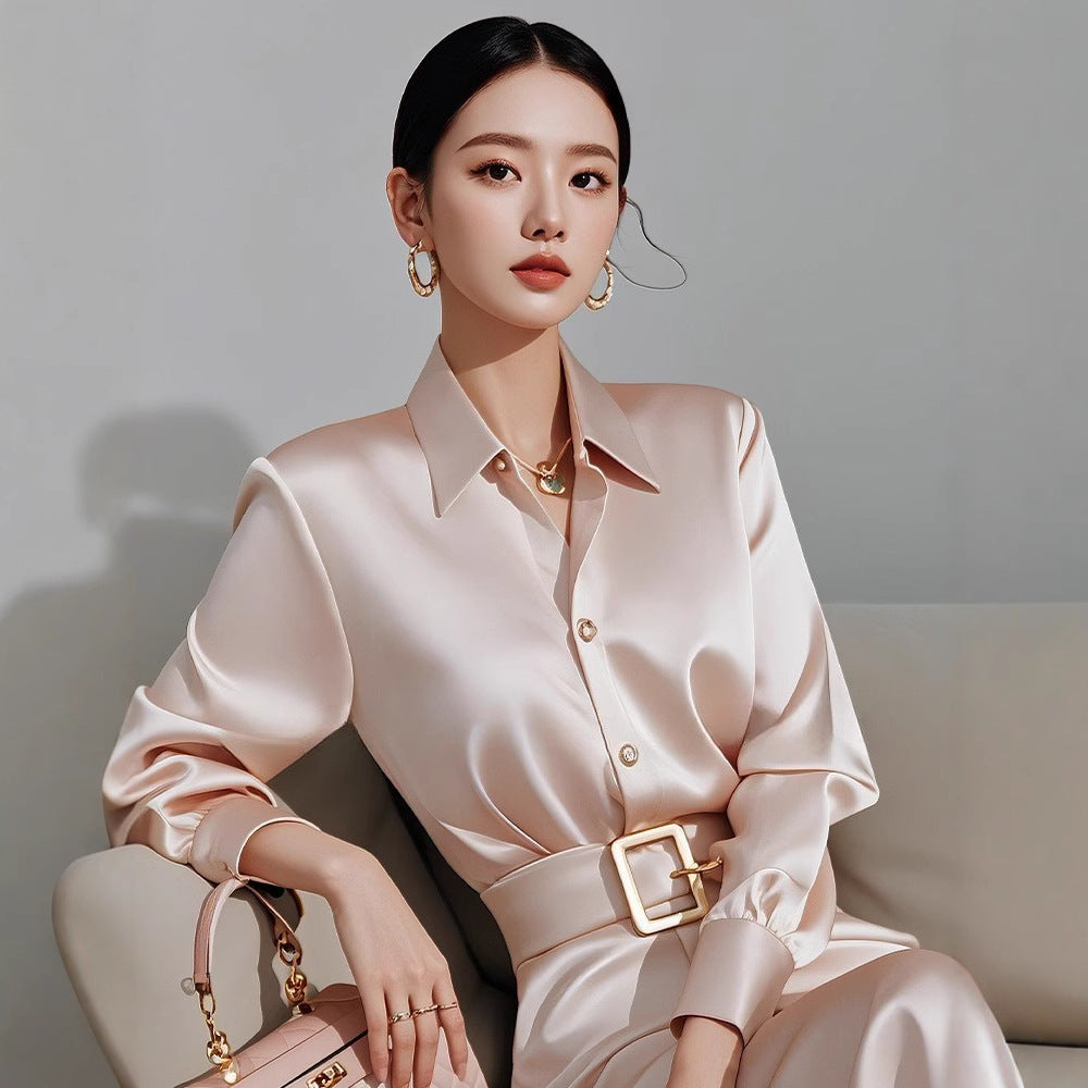 2025Spring French Style for Important Occasions Elegant and High-End Champagne Color Shirt Dress