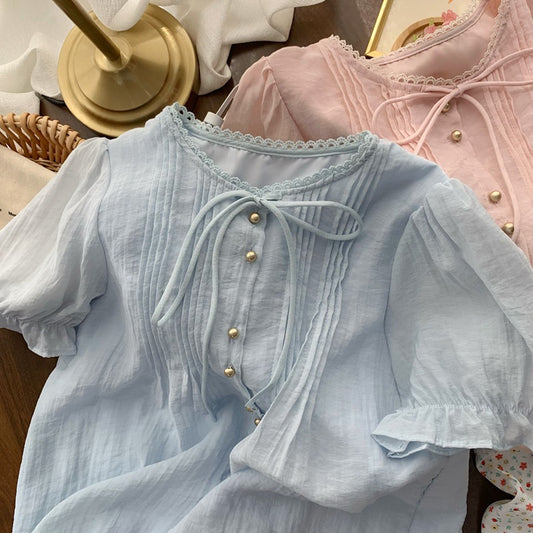 Real Shot◆Private Server Edition！French Style Round Neck Breathable Comfortable Light Pink Lace-Up Loose Shirt Chiffon Blouse