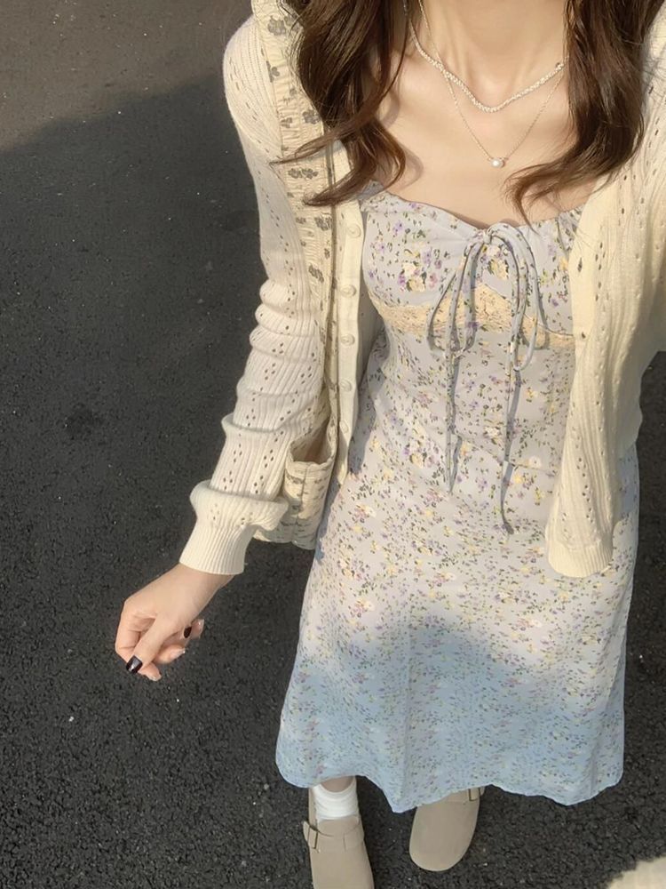 Petite Dress Sun Protection Cardigan Lace Two-Piece Set Tea Break Style Sweet Floral New Strap Outfit Set