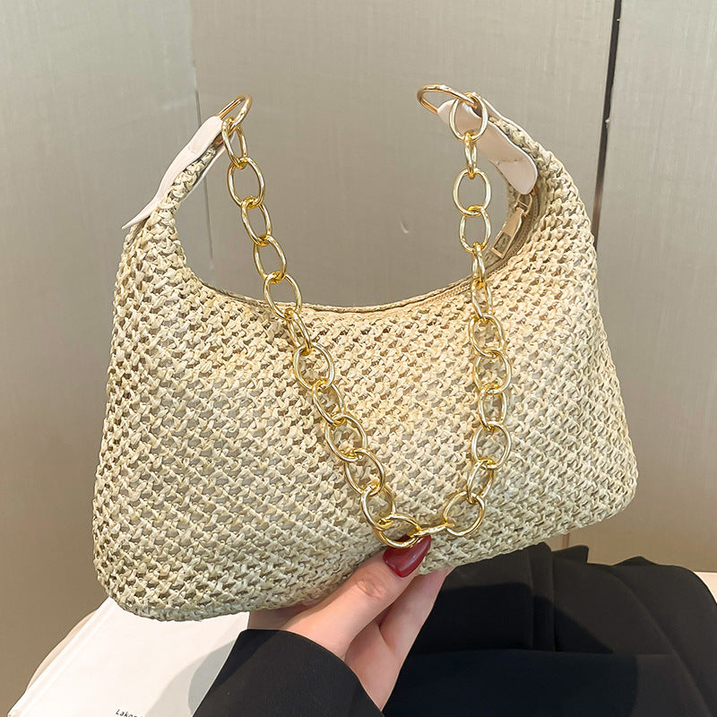 South Korea ins Vintage Woven Tote Bag Straw Bag Large Capacity Underarm Bag Shoulder Bag Vacation Style Beach Bag for Women