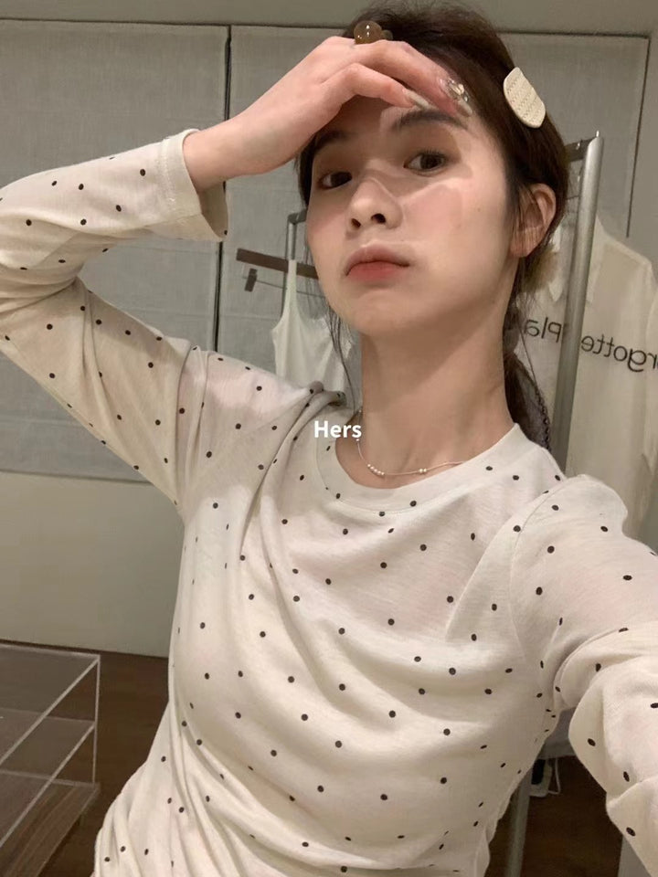 Hers春季新款波点套头软软糯糯修身简约圆领韩版防晒打底长袖上衣