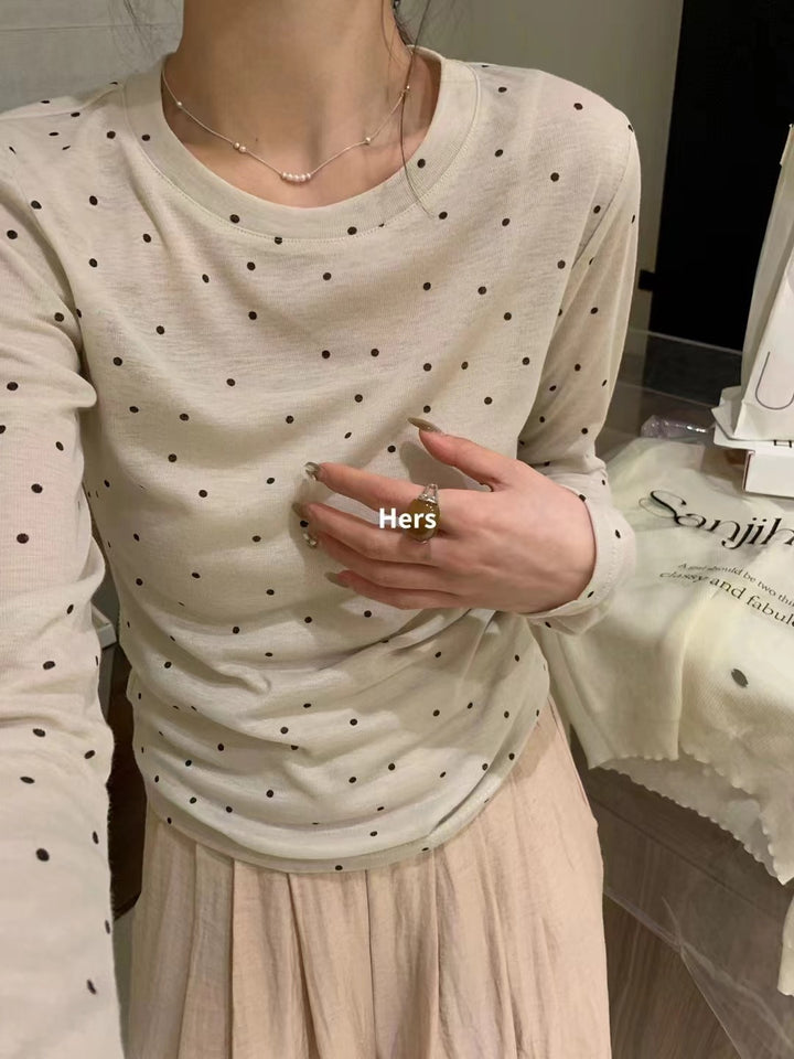 Hers春季新款波点套头软软糯糯修身简约圆领韩版防晒打底长袖上衣