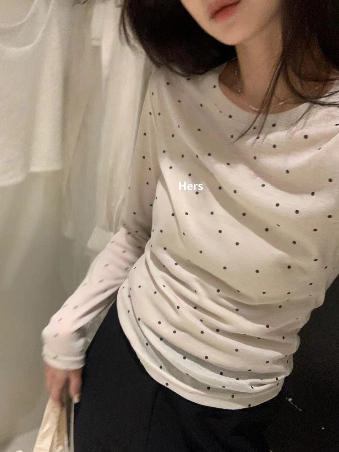 Hers春季新款波点套头软软糯糯修身简约圆领韩版防晒打底长袖上衣