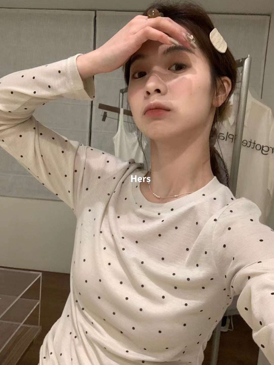 Hers春季新款波点套头软软糯糯修身简约圆领韩版防晒打底长袖上衣