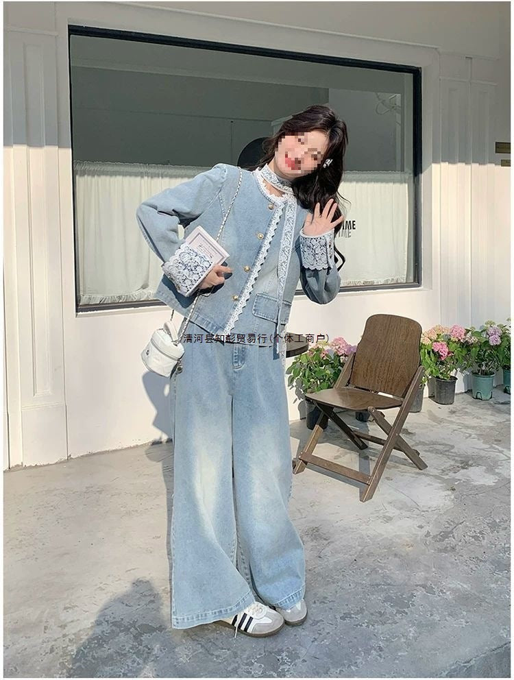 Lace patchwork denim wide-leg pants set for women spring and autumn2025The new two-piece set is absolutely stunning and super trendy