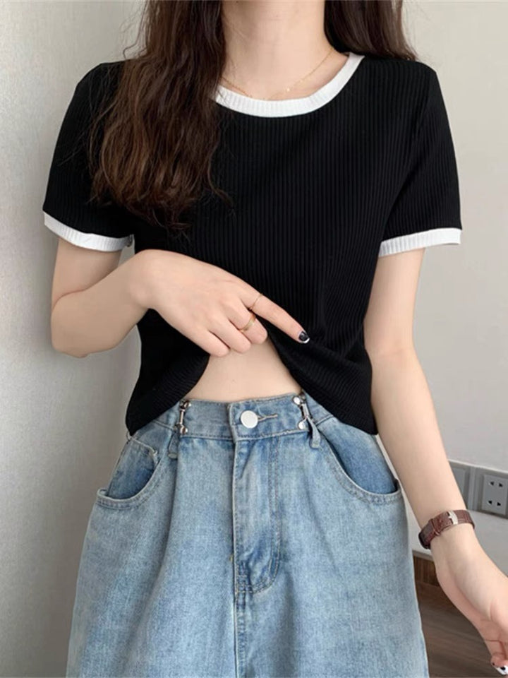 撞色短袖t恤女短款高腰夏季修身显瘦法式小众设计感别致上衣ins潮