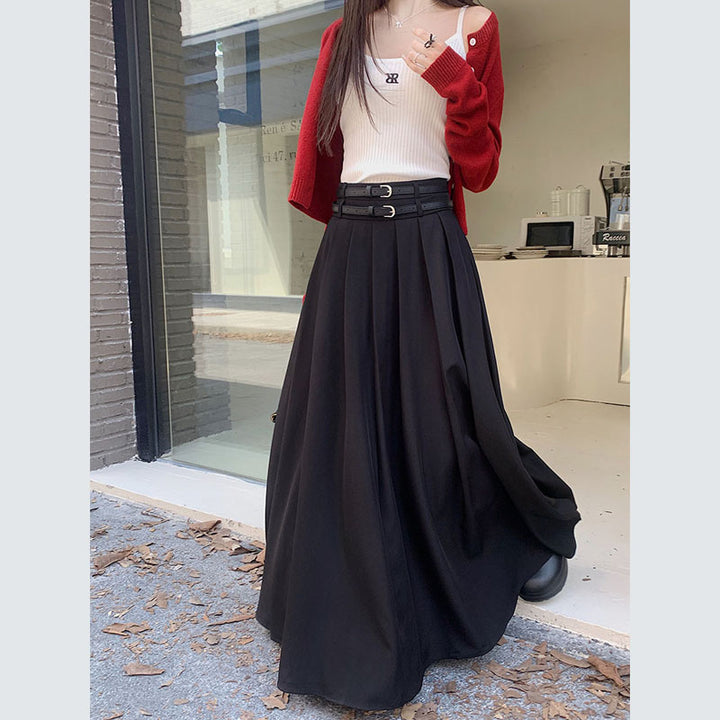 实拍实价~2025新款韩版垂坠感百褶裙超大摆西装半身长裙女有腰带