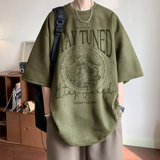 2025New Faux Suede Short Sleeve Men's Summer New American Style Heavyweight Trendy Loose Half Sleeve T Trendy Five-Sleeve Shirt