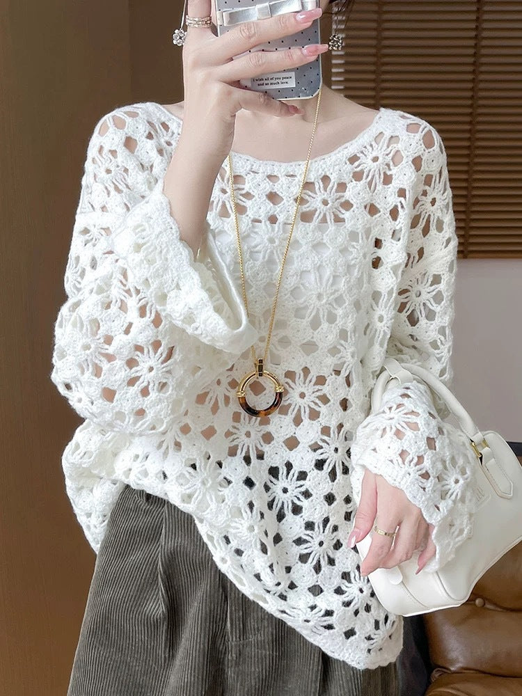 Early Autumn Crochet Hollow Solid Color V Lazy Style Soft Wool Knitted Pullover Top Slimming