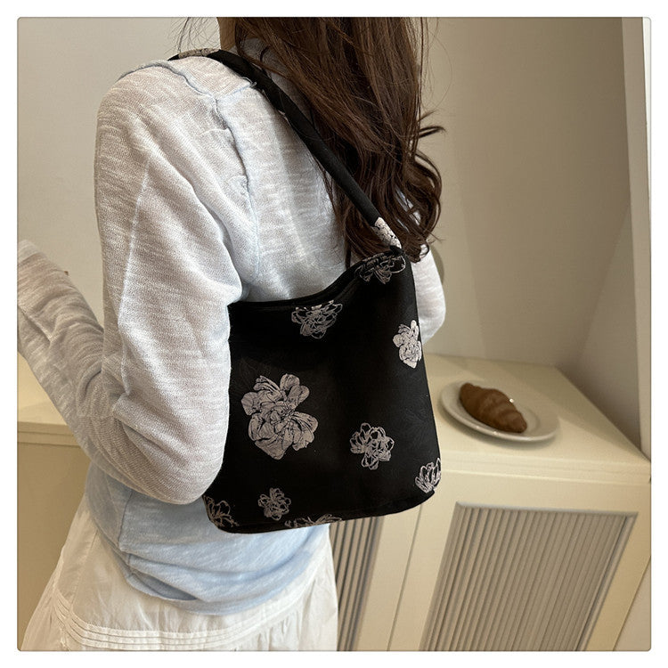 Lady's New Chinese Style Starlight Dream Tote Bag Black Shoulder Bag Embroidered Flower Vintage Handbag