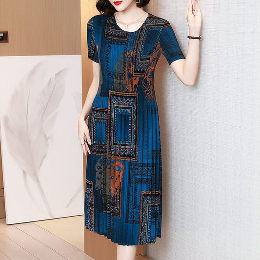 Pleated Printed Short Sleeve Mid-Length Mom Dress2025Summer Retro Round Neck Casual Loose Plus Size Dress