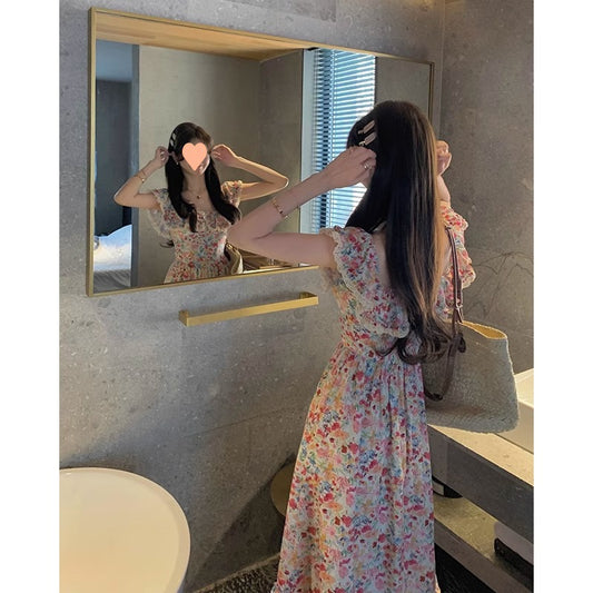 Floral Square Neck Slim Fit Women's Dress for Beach Vacation Casual Long Dress