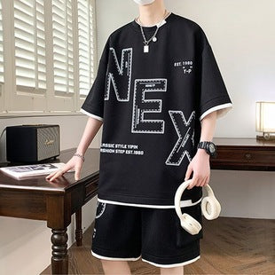 American striped short sleeve t Men's Summer Trendy Neck Loose Cotton
