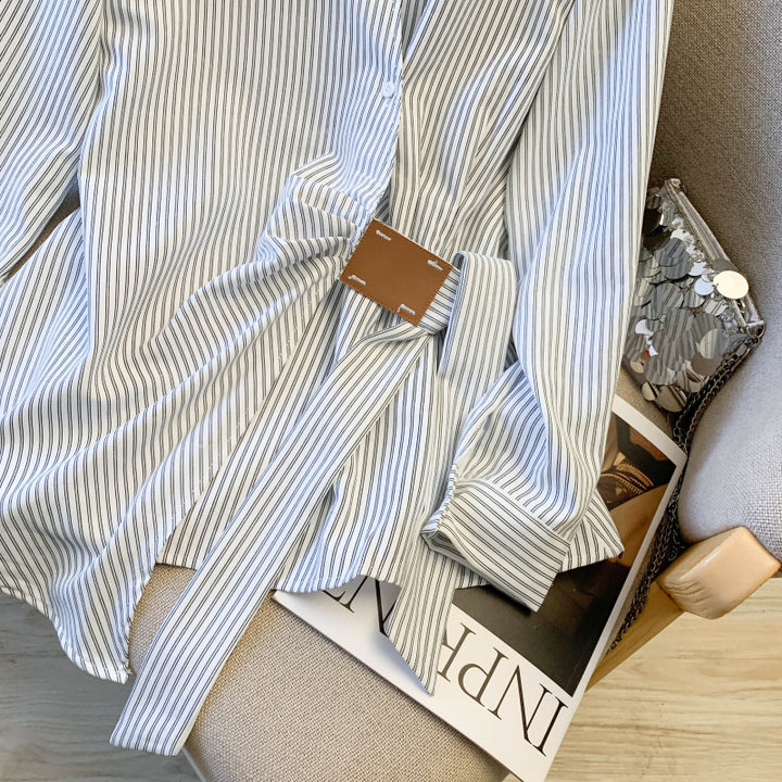 Spring New Korean Style Slim Fit Stylish Design Unique Waist Long Sleeve Shirt Women