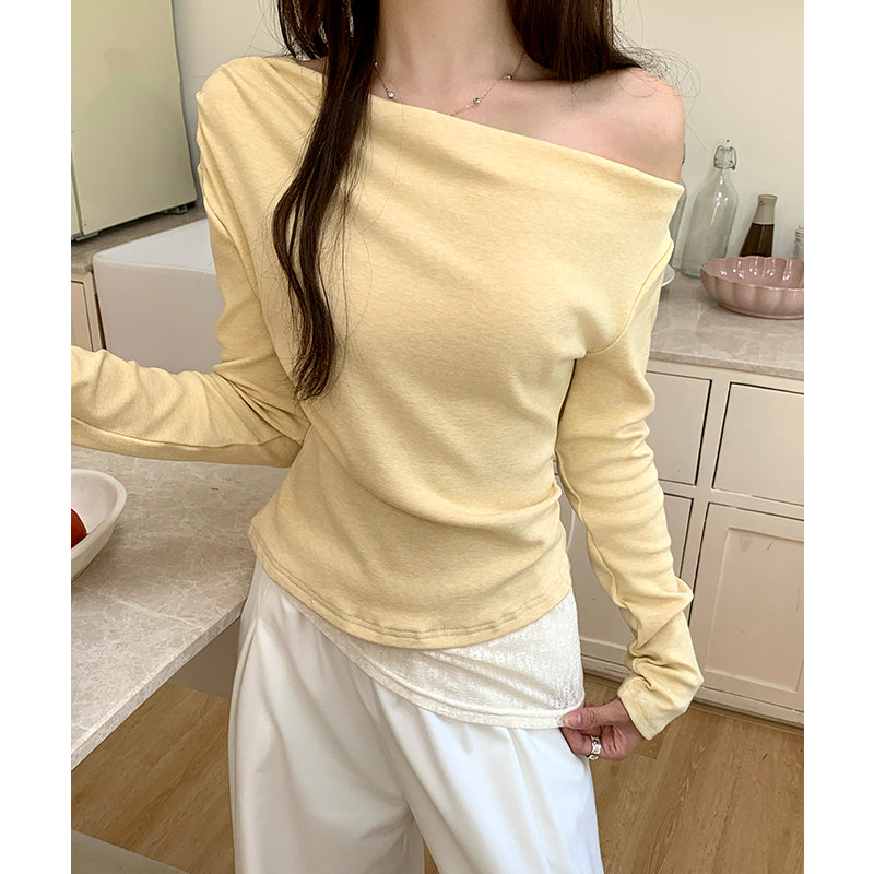 实拍实价#粉色蕾丝假两件长袖t恤女春季收腰不规则打底衫斜肩上衣