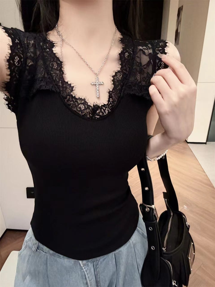 秋季新款辣妹风磨毛蕾丝拼接背心显瘦修身女一体式带胸垫