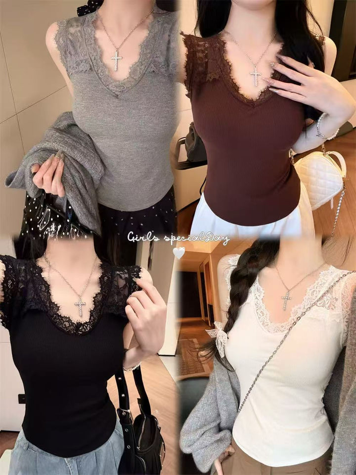 秋季新款辣妹风磨毛蕾丝拼接背心显瘦修身女一体式带胸垫