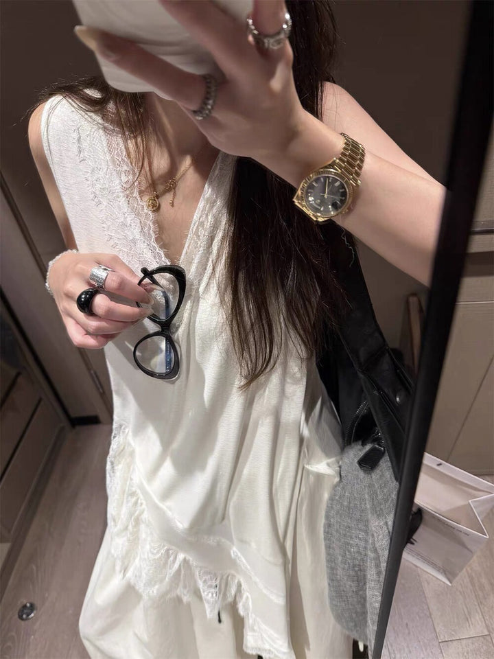 韩国东大门2026早春新款蕾丝拼接V领不规则长背心女叠穿无袖上衣