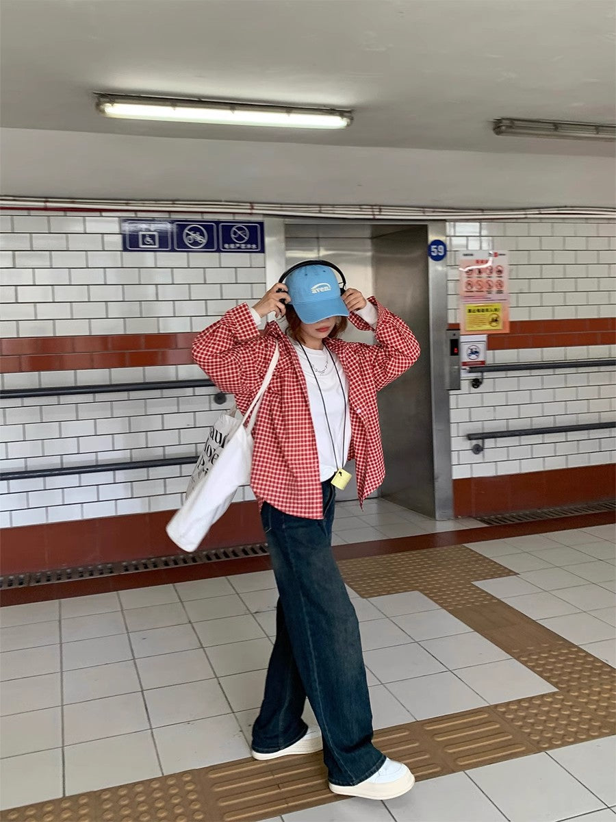 小狗刺绣红白格纹衬衫