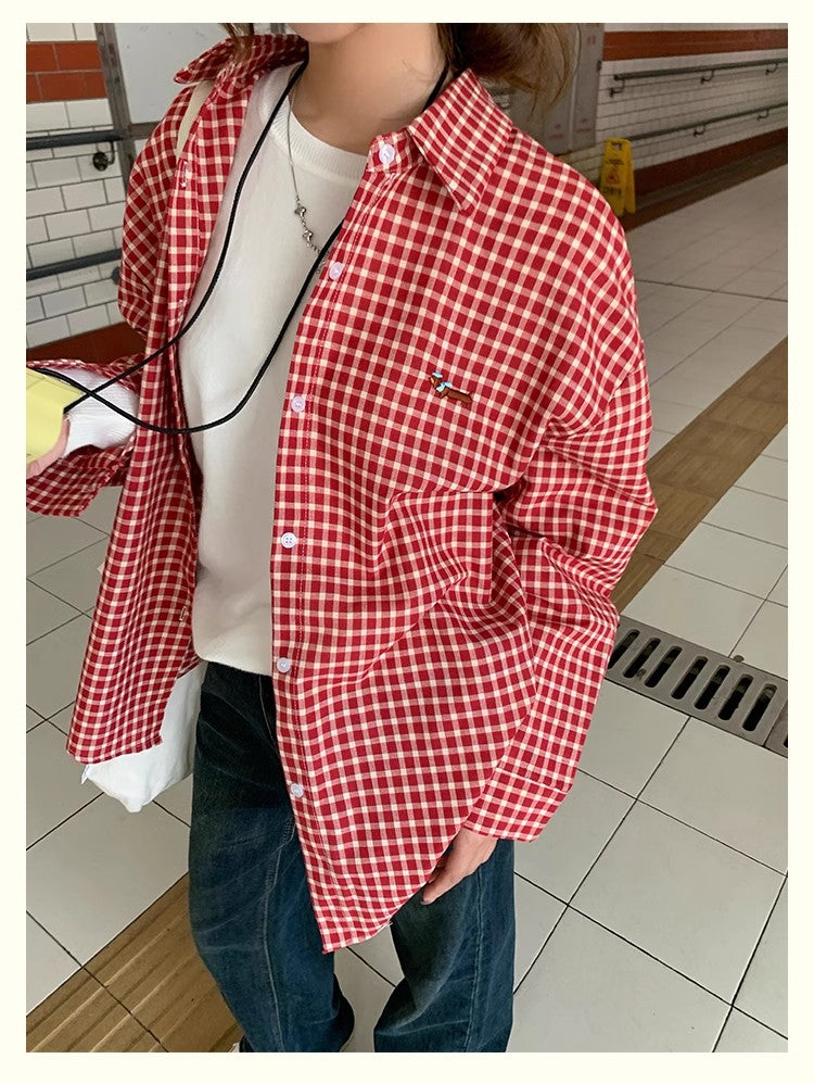小狗刺绣红白格纹衬衫