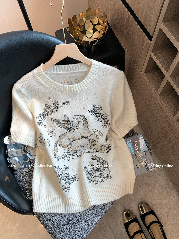 White Small Floral Short Sleeve Sweater Women New Premium Feel Elegant Slimming Top