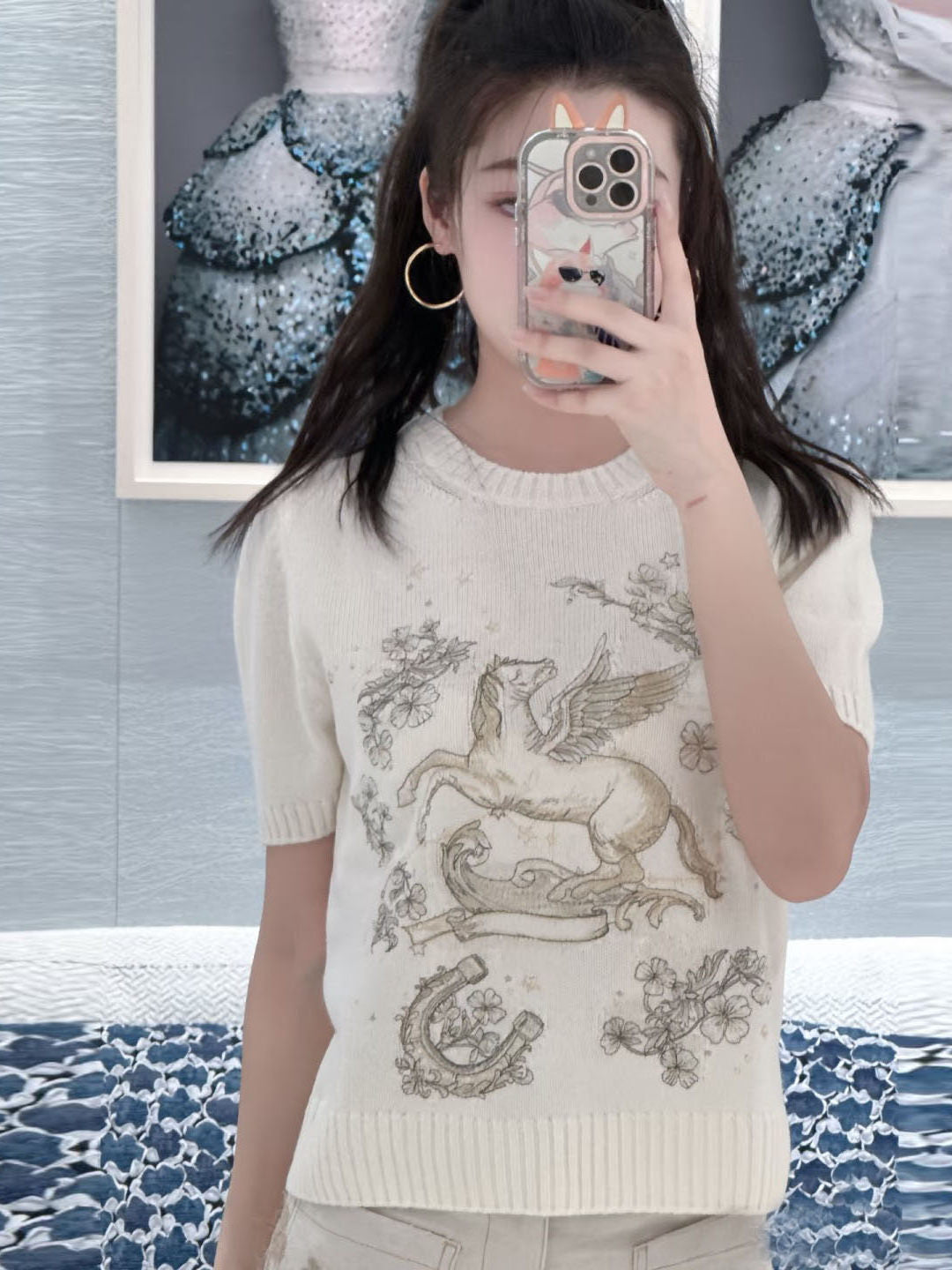 White Small Floral Short Sleeve Sweater Women New Premium Feel Elegant Slimming Top
