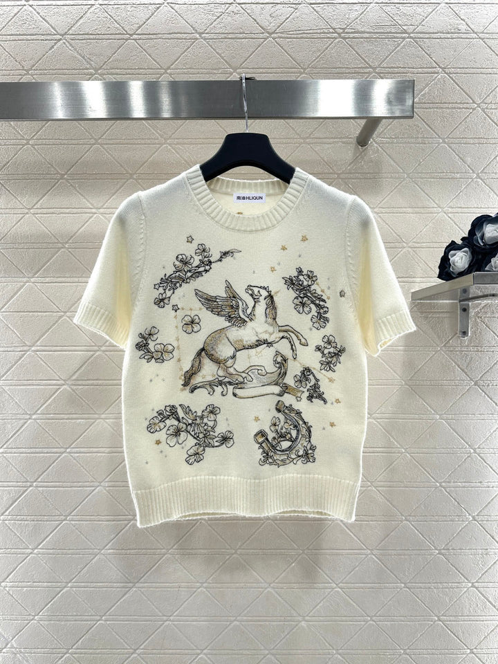 White Small Floral Short Sleeve Sweater Women New Premium Feel Elegant Slimming Top