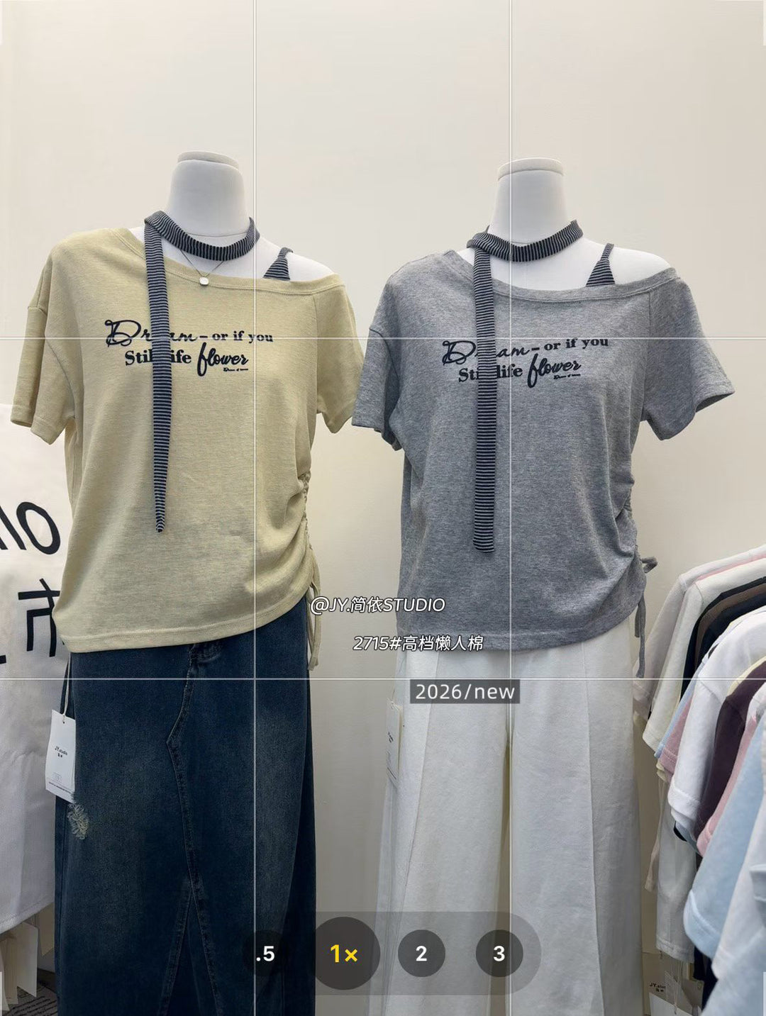 档口上新，夏季新款，斜肩配小丝带印字母短袖T，简依