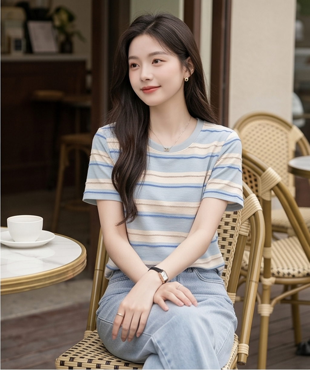 小众撞色条纹圆领短袖女款爆款2025新款夏季新款休闲百搭显瘦上衣