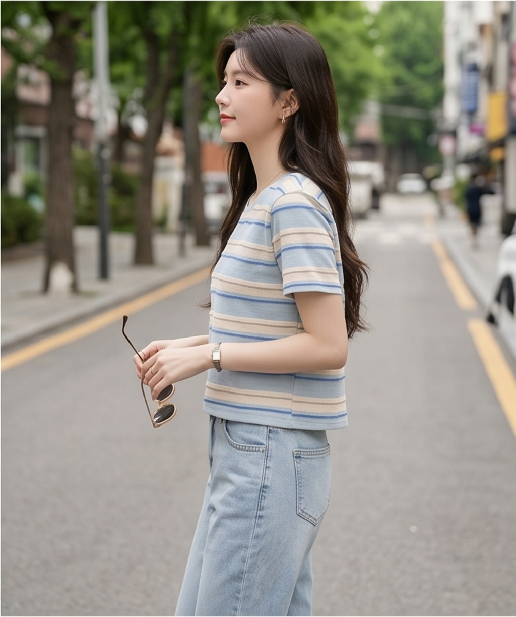 小众撞色条纹圆领短袖女款爆款2025新款夏季新款休闲百搭显瘦上衣