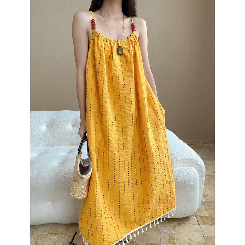 Sinan At dusk and sunset Full Grid Line Beach Vacation Tassel Beaded Strap Dress SN7536