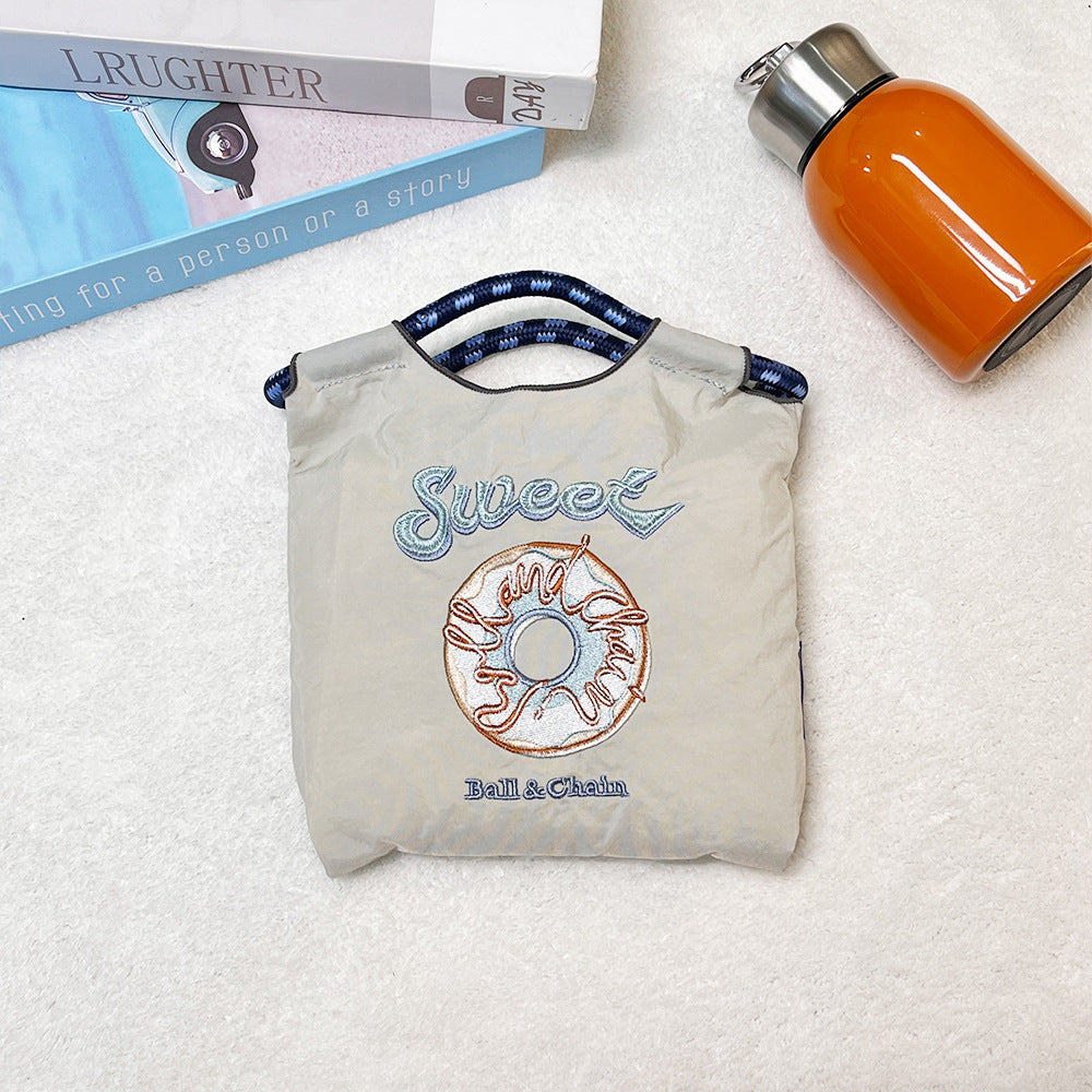 Japanese Style BallChain Same Style Eco-Friendly Embroidered Shopping Bag Nylon Fabric Floral Handheld Niche Fashion Shopping Bag