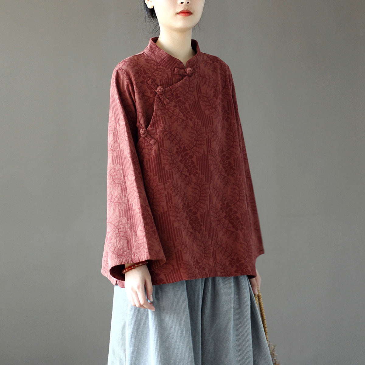 8813Xi Mo Women's Clothing Republic of China Retro Artistic Spring and Autumn New Double Layer Jacquard Button Shirt Chinese Style Short Top