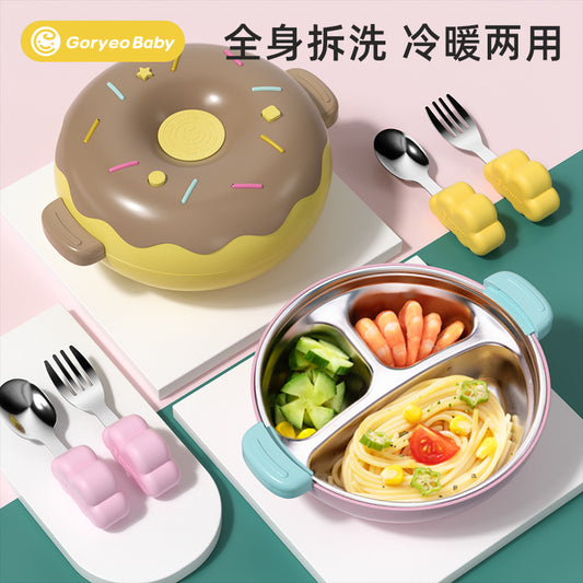 goryeobaby Children's Stainless Steel Plate Baby Suction Bowl Water-Insulated Bowl Baby Divided Plate Baby Food Utensils