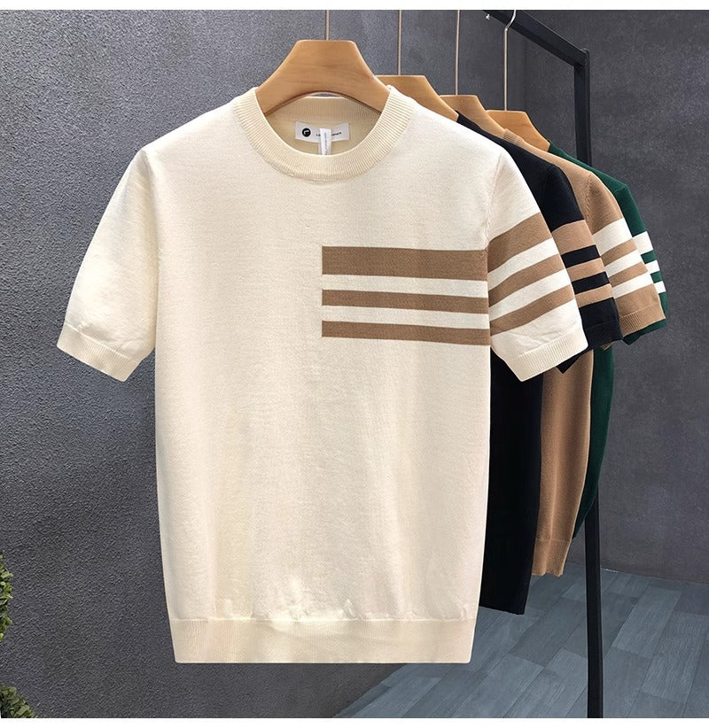 2025New Short Sleeve Knitted Shirt for Men, Striped, Simple, High-End Business, Mature, Slim Fit, Ice Silk T Men's Shirt