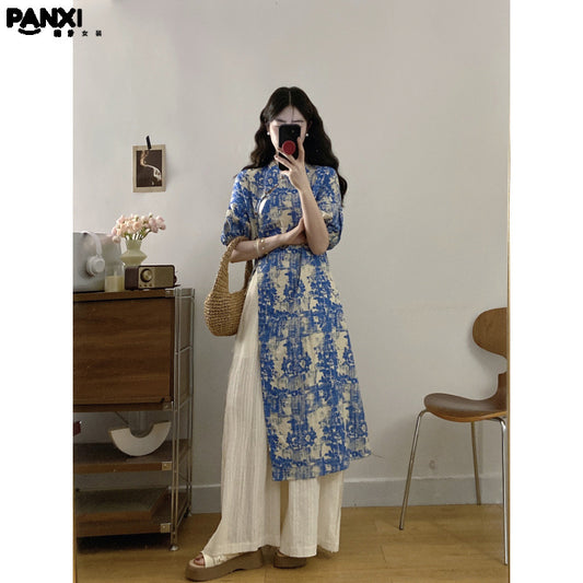 New Chinese Style National Style Set Gentle Temperament Super Beautiful Blue Floral Long Top Casual Long Pants Two-Piece Set