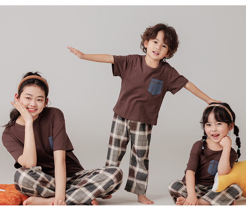 Parent-Child Cotton Homewear Summer Style Children's Short Sleeve Long Pants Set Cartoon Air Conditioning Clothing Sweat-Absorbing Printed Pajamas Couple Outfit