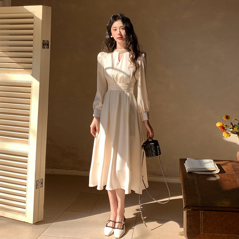 French A Line skirt2025Spring and Summer New Women's Long Sleeve Dress Waist Slimming Elegant Acetate Satin Long Dress