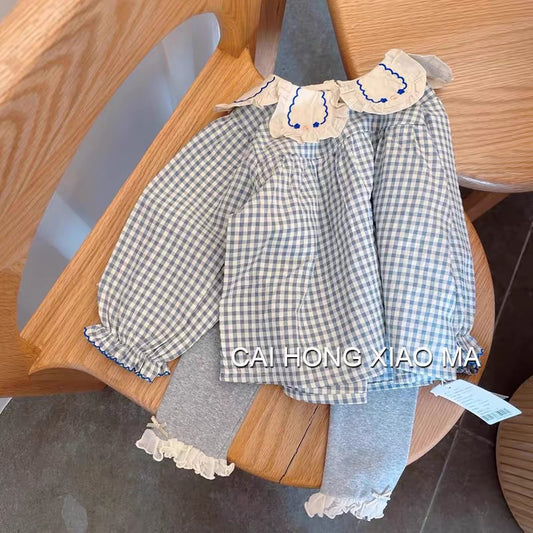 2025Autumn Children's Clothing Girls' Puff Sleeve Shirt Stylish Blue Plaid Baby Doll Long Sleeve Top