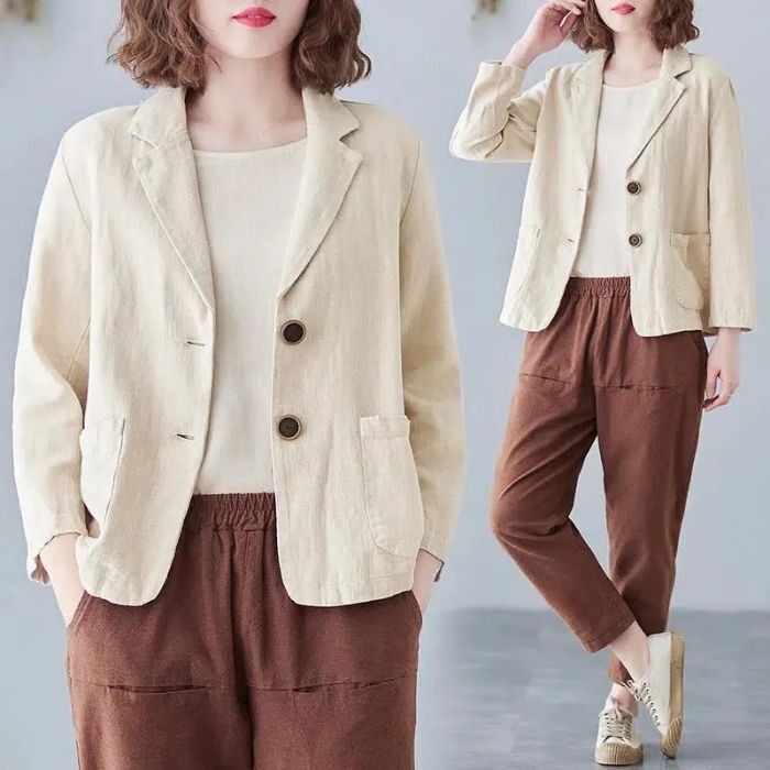 Cotton and Linen Blazer Small Suit2025Spring and Autumn New Loose Artistic Versatile Long Sleeve Casual Elegant Sun Protection Shirt for Women