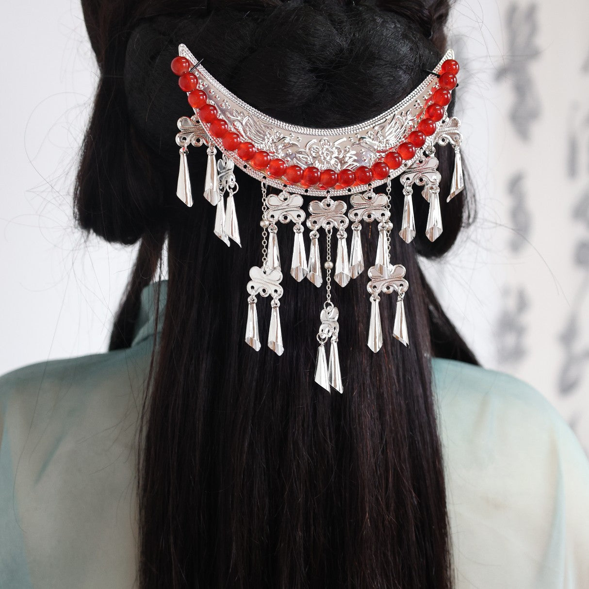 Hanfu Hair Accessories Miaojiang Crescent Moon Tassel Hair Ornament Warring States Robe Wei Jin Style Retro Forehead Accessories Ancient Style Hairpin