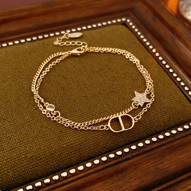Zircon Star Pig Nose Double Layer Bracelet Niche Light Luxury High-end Versatile Fashion Commuting Vintage Jewelry