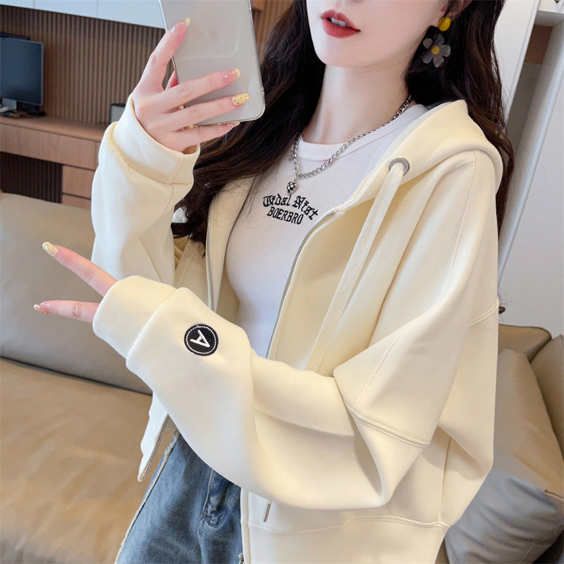 Spring and Autumn Short Hooded Sweatshirt Jacket for Petite Women, New Thin Loose Stylish Zipper Cardigan for Autumn and Winter