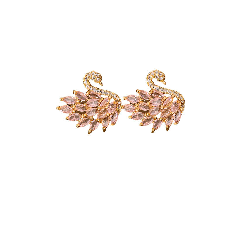 Real Gold Plated Silver Needle Zircon Swan Earrings Niche Light Luxury Exquisite ins Earrings with a high-end feel versatile for women