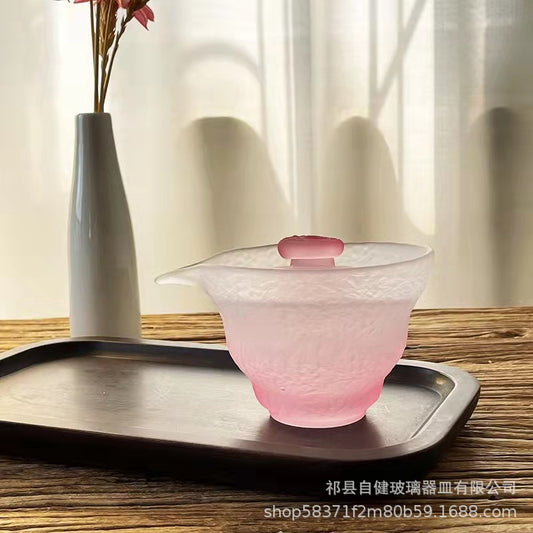 2024National Trend Pink Women's Frosted Glass Tea Set with Gaiwan, Gongdao Cup, Tea Cup, and Tasting Cup Complete Set