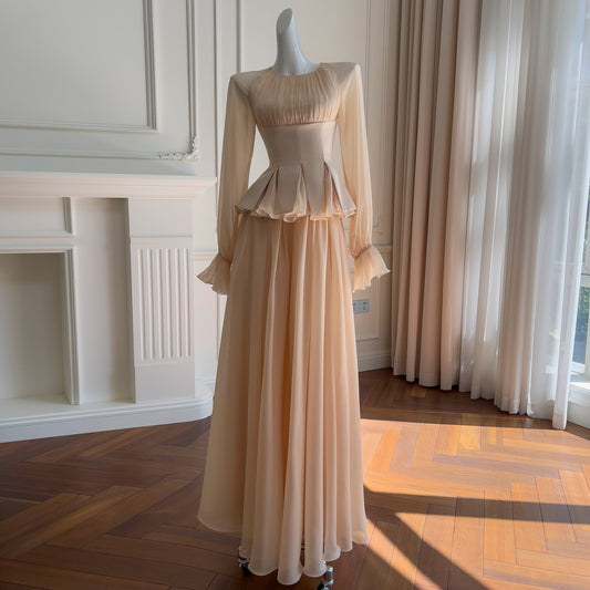 Yige Lila2025Early Autumn New Apricot Waist-Cinching Long Sleeve Coat Paired with Long Skirt 71443+51361