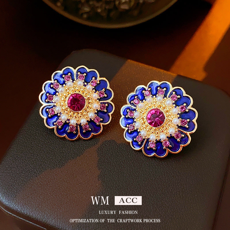 Silver Needle Ancora Red Oil Drop Geometric Earrings Niche Versatile Retro Elegant Studs High-end Fashion Earrings for Women
