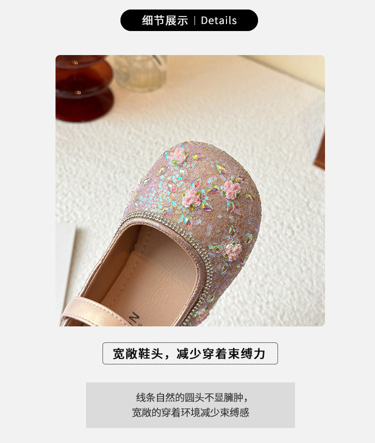 Princess shoes for girls2025Spring New Children's Crystal Shoes for Girls, Soft Sole Leather Shoes to Match Dresses, Spring Edition