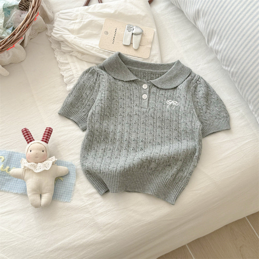 Sweet Little Sister New Summer Outfit Korean Style Girls' Clothing Bow Collar Short Sleeve Stylish Fashionable Super Cute Knitted Sweater Trendy